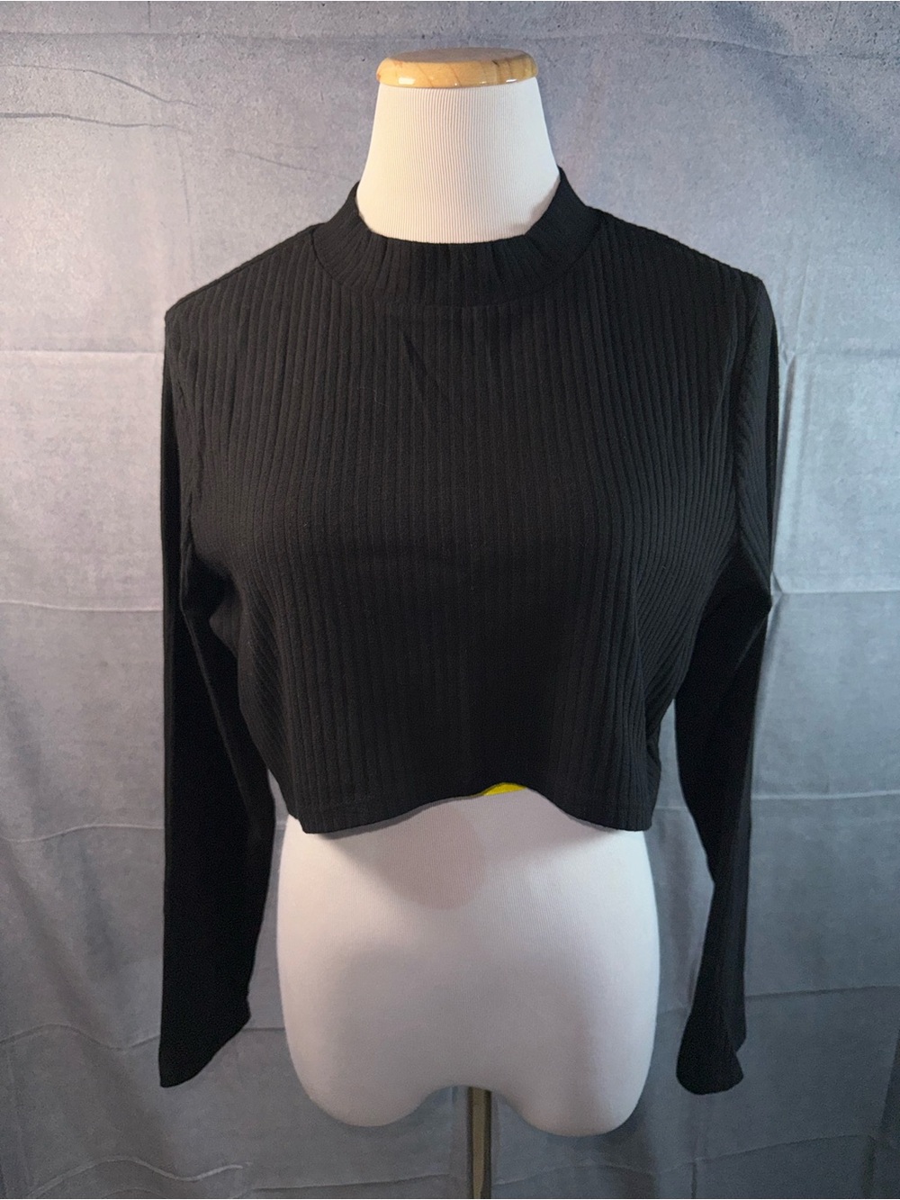 1850-Time and Tru Black Ribbed Long-Sleeve Cropped Top